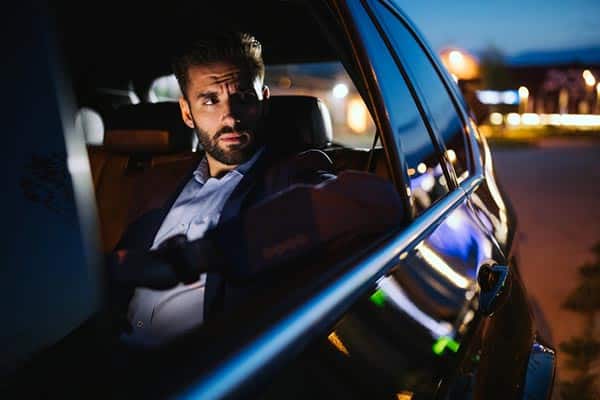 Executive sedan interior at night in Chicago