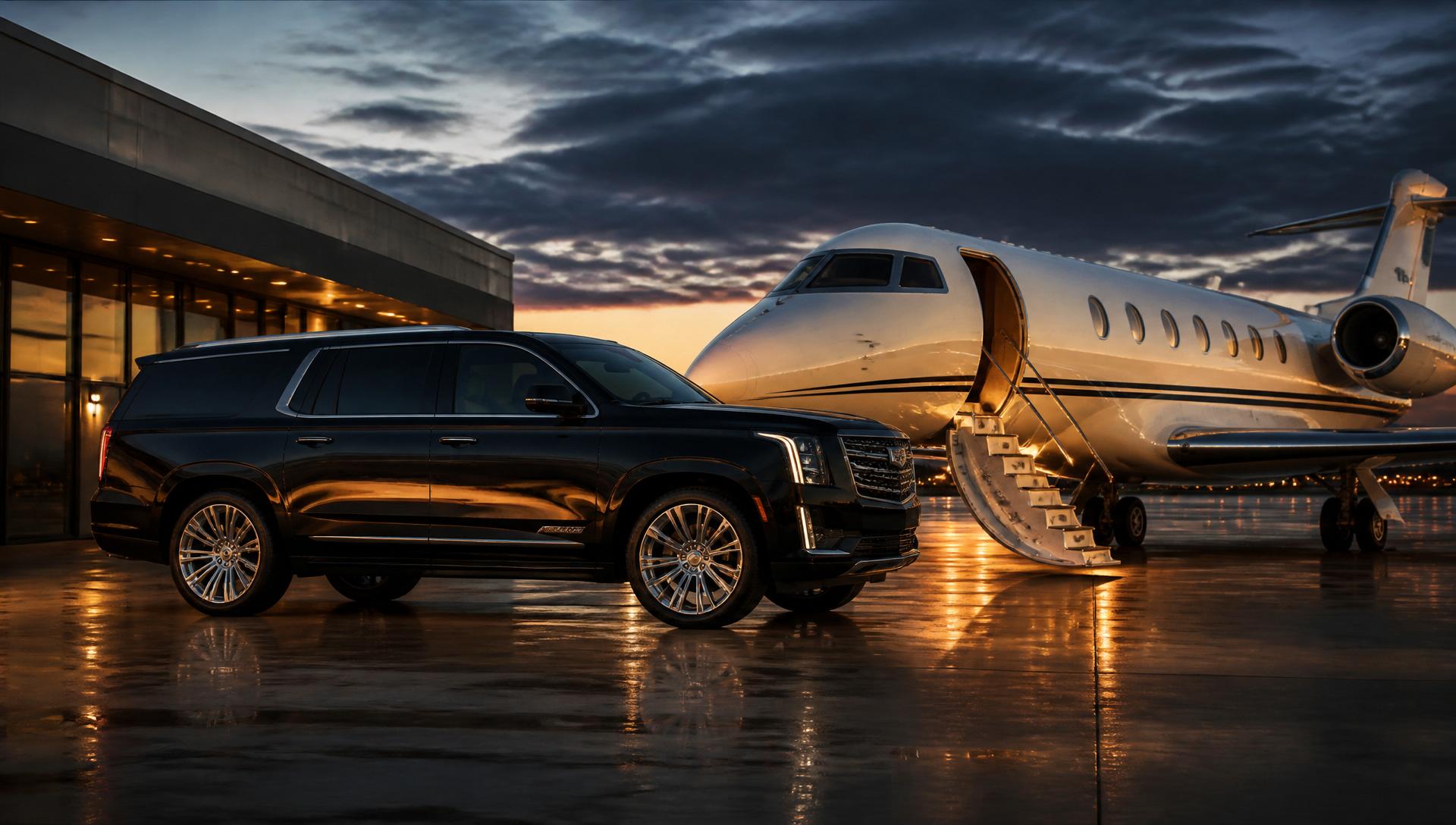 Black Cadillac Escalade chauffeur SUV waiting beside a private jet at a Chicago FBO at dusk