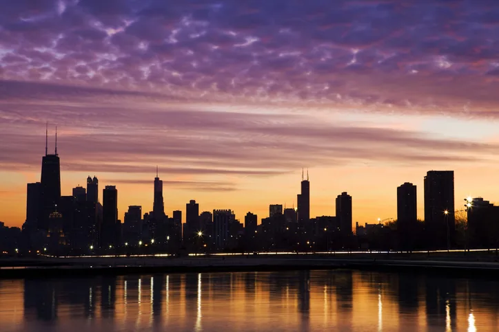 Chicago skyline at sunset over the lakefront