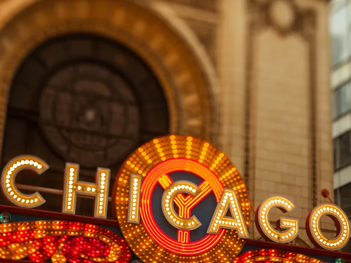 Chicago Theatre marquee lit up at night